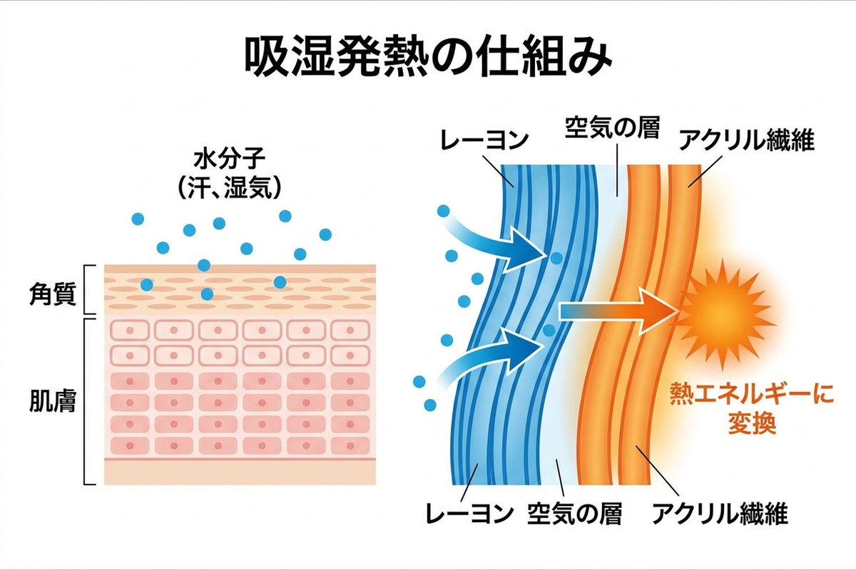 吸湿発熱の仕組みを示す繊維と水分子のインフォグラフィック