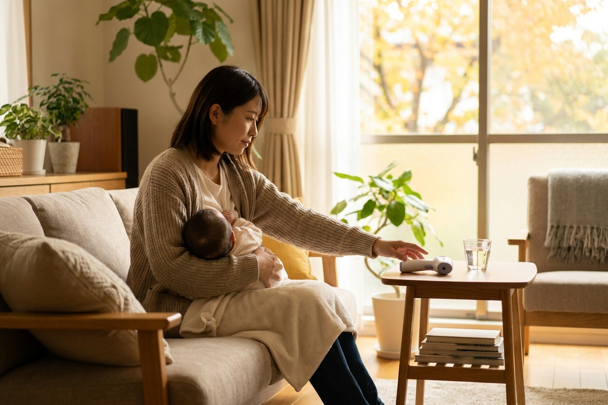 授乳中の母親が赤ちゃんを抱きながら体温計と水を手に取り体調を気遣う様子