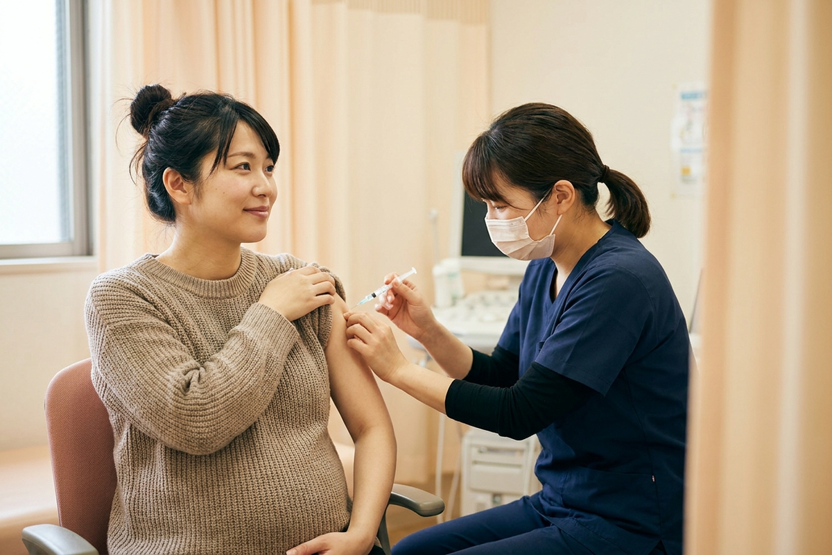 産婦人科の看護師から腕にインフルエンザワクチンの注射を受ける妊婦