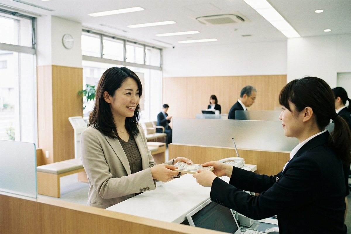 日本の銀行の窓口で女性が行員からお札を受け取っている様子