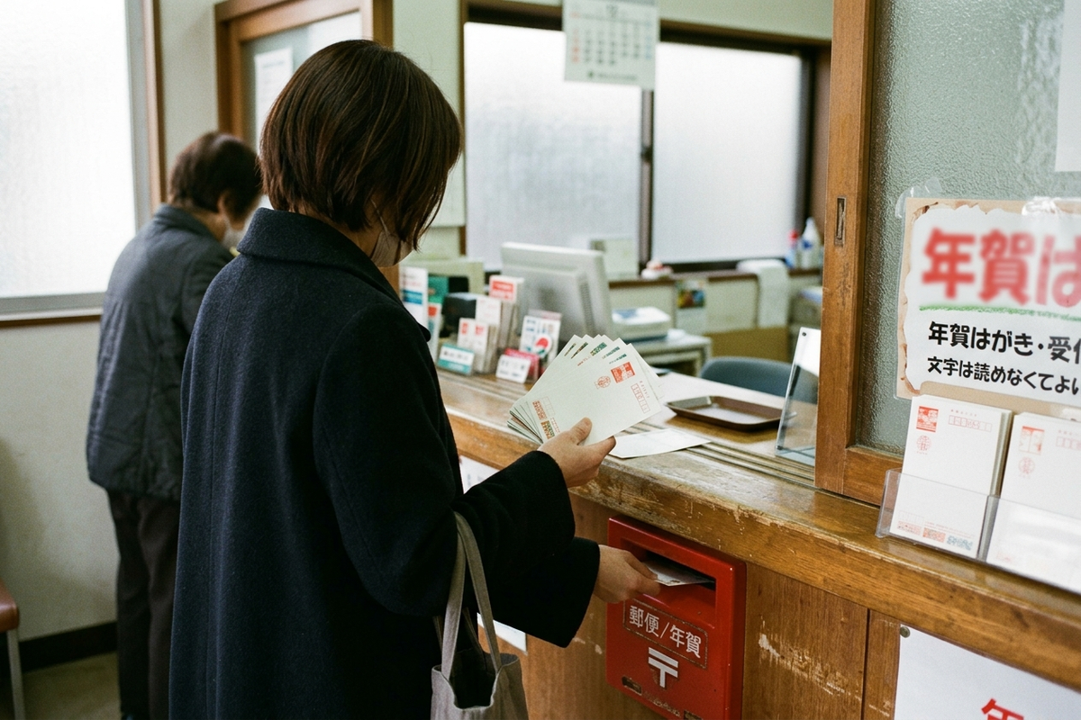 日本の郵便局の窓口で年賀はがきを数枚だけ投函する様子