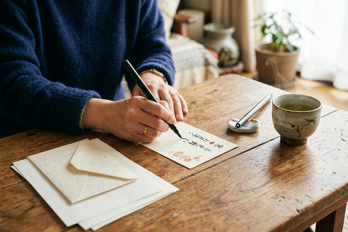 寒中見舞いはがきに筆ペンで一言メッセージを書き添える手元