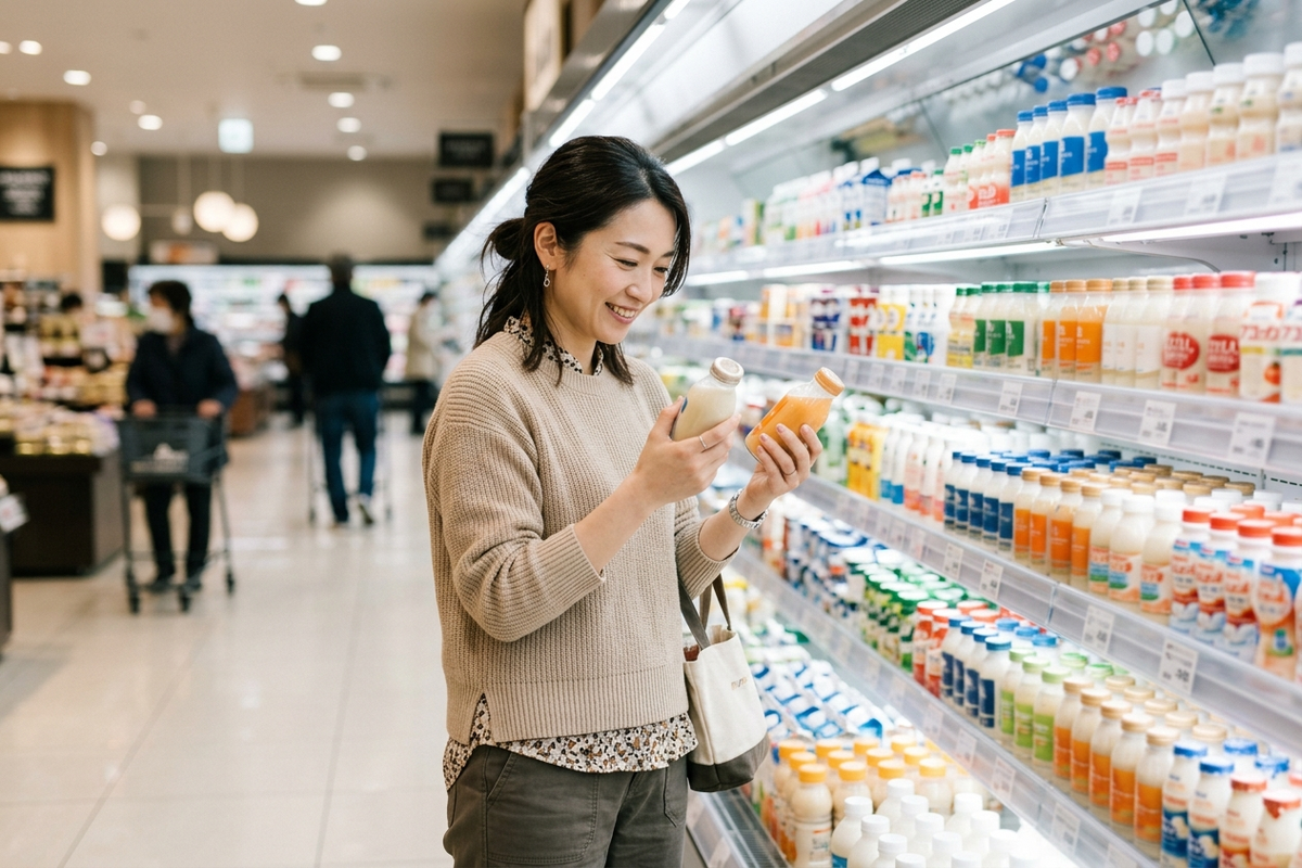 スーパーの陳列棚から乳酸菌飲料を選ぶ女性