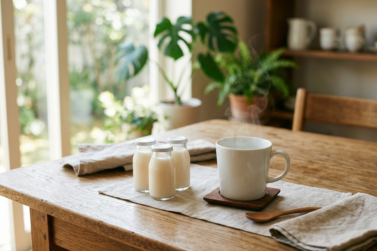 温かいマグカップと乳酸菌ドリンクを並べたテーブル