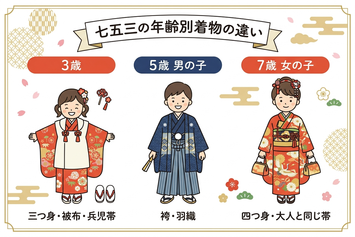 七五三の年齢別の着物の違いを3歳・5歳男の子・7歳女の子で比較した図解