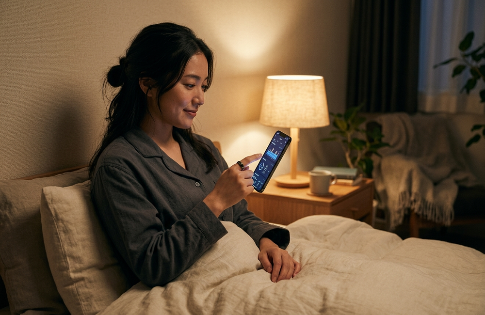就寝前にスマートリングを確認する女性