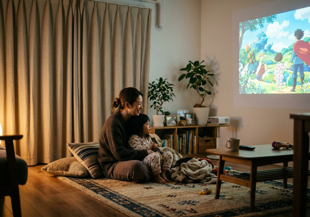 家族でリビングの壁に映像を投影して鑑賞する様子