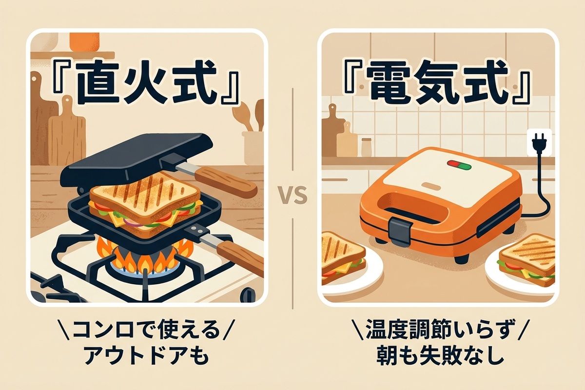 直火式と電気式のホットサンドメーカーを比較したイラスト