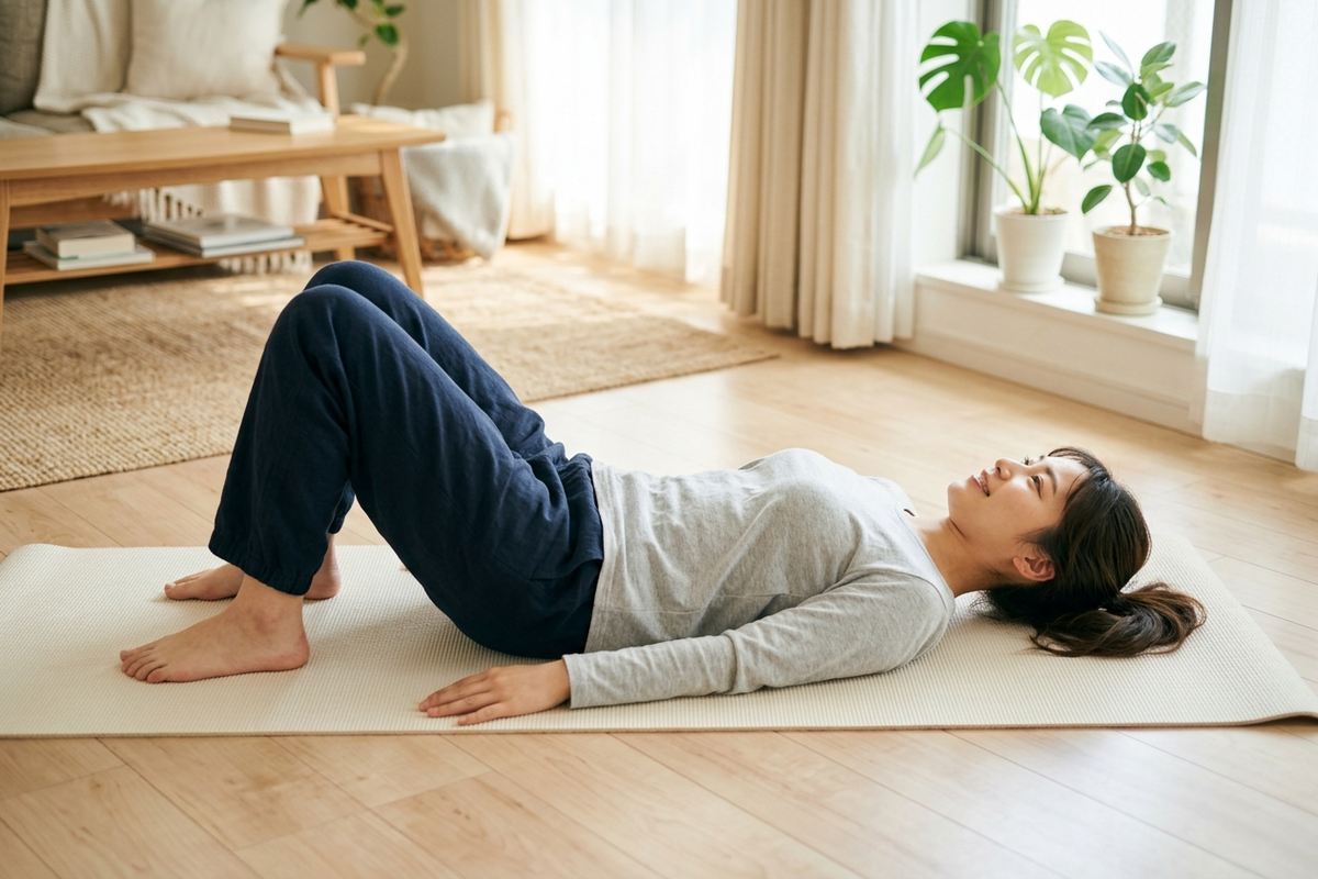 自宅のヨガマットの上で骨盤底筋トレーニングのエクササイズをしている様子
