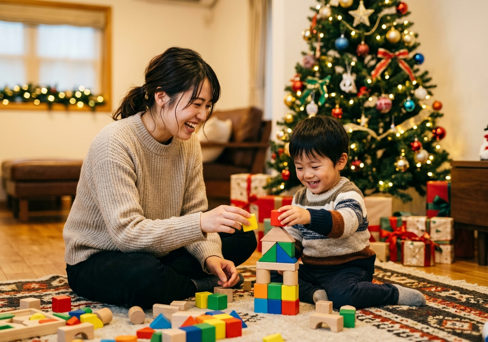 親子でブロックの知育玩具を使ってクリスマスツリーのそばで遊んでいる様子