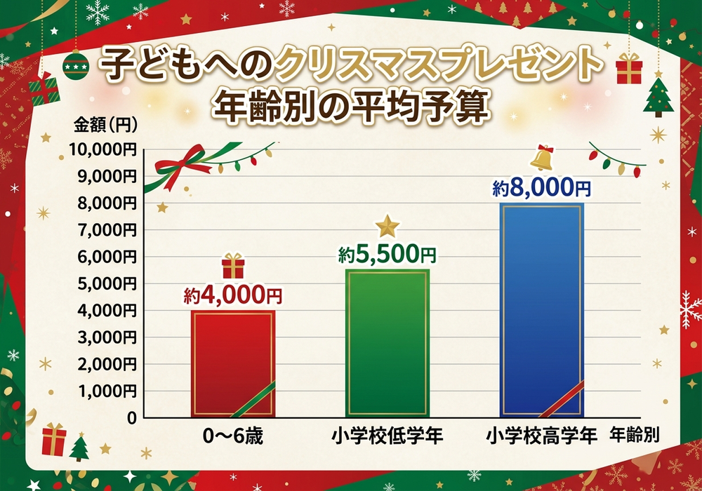 年齢別の子どもへのクリスマスプレゼント平均予算を示した棒グラフ