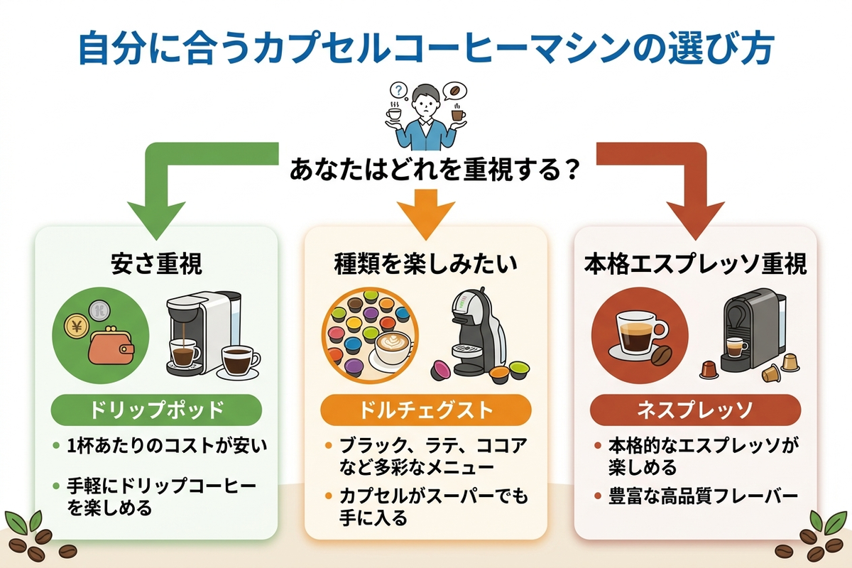 自分に合うカプセルコーヒーマシンを選ぶための判断フローのイメージ図