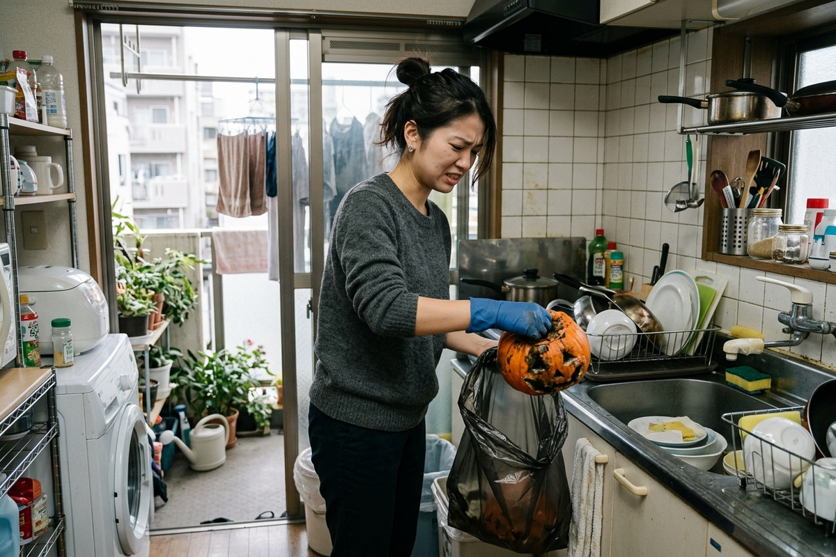 傷んだかぼちゃの処分に困る様子