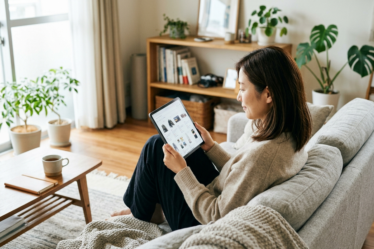 落ち着いた表情でタブレットの価格を見比べる女性