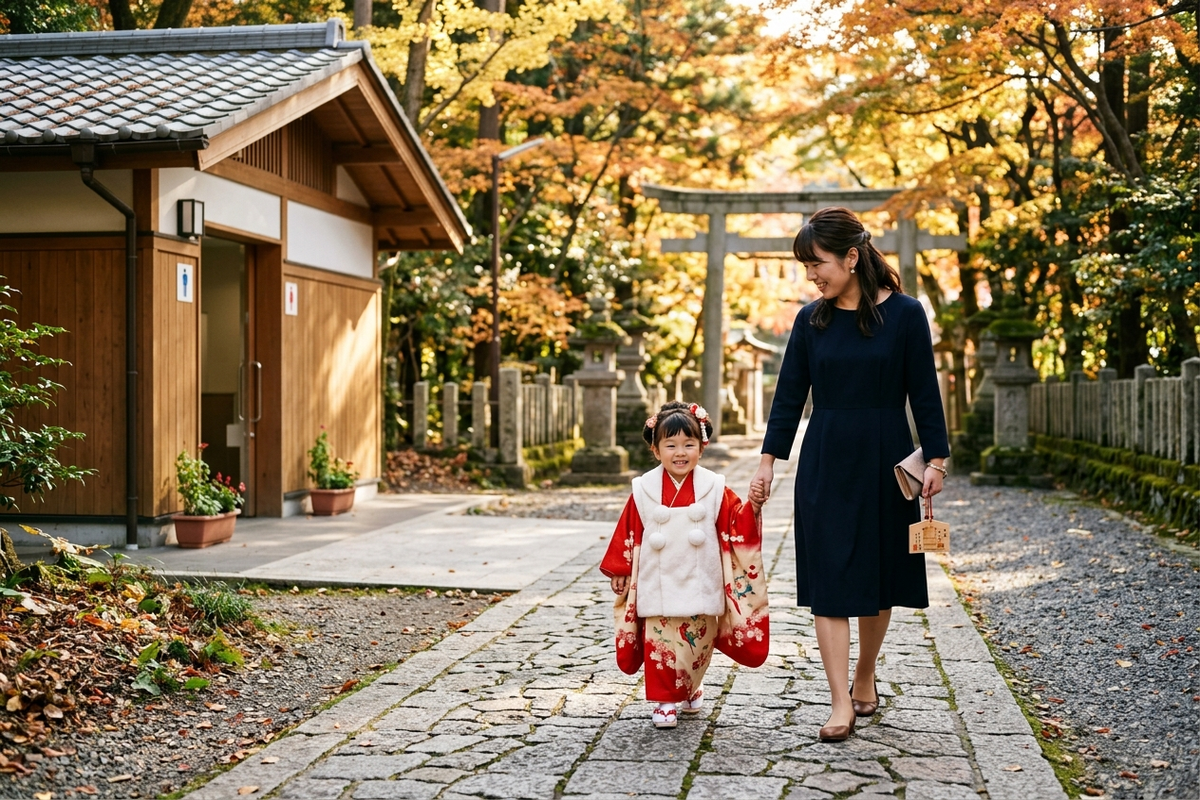 七五三の着物姿の子どものそばでトイレの付き添いをする母親
