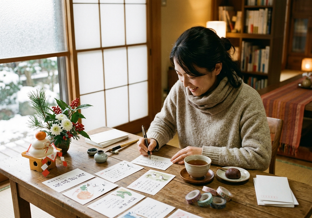 お歳暮の代わりに手書きのメッセージを書く様子