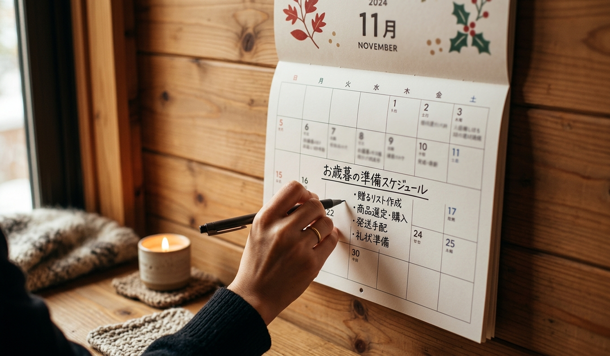 11月のカレンダーにお歳暮の予定を書き込む様子