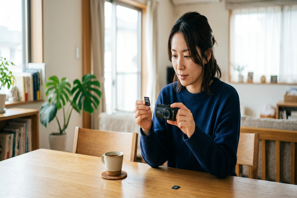 ドライブレコーダー本体とSDカードを手に取って見比べている様子
