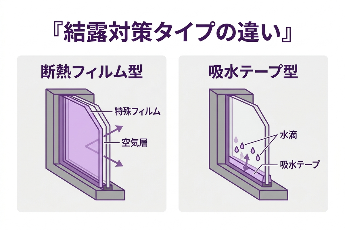断熱フィルム型と吸水テープ型の仕組みを比較した図解