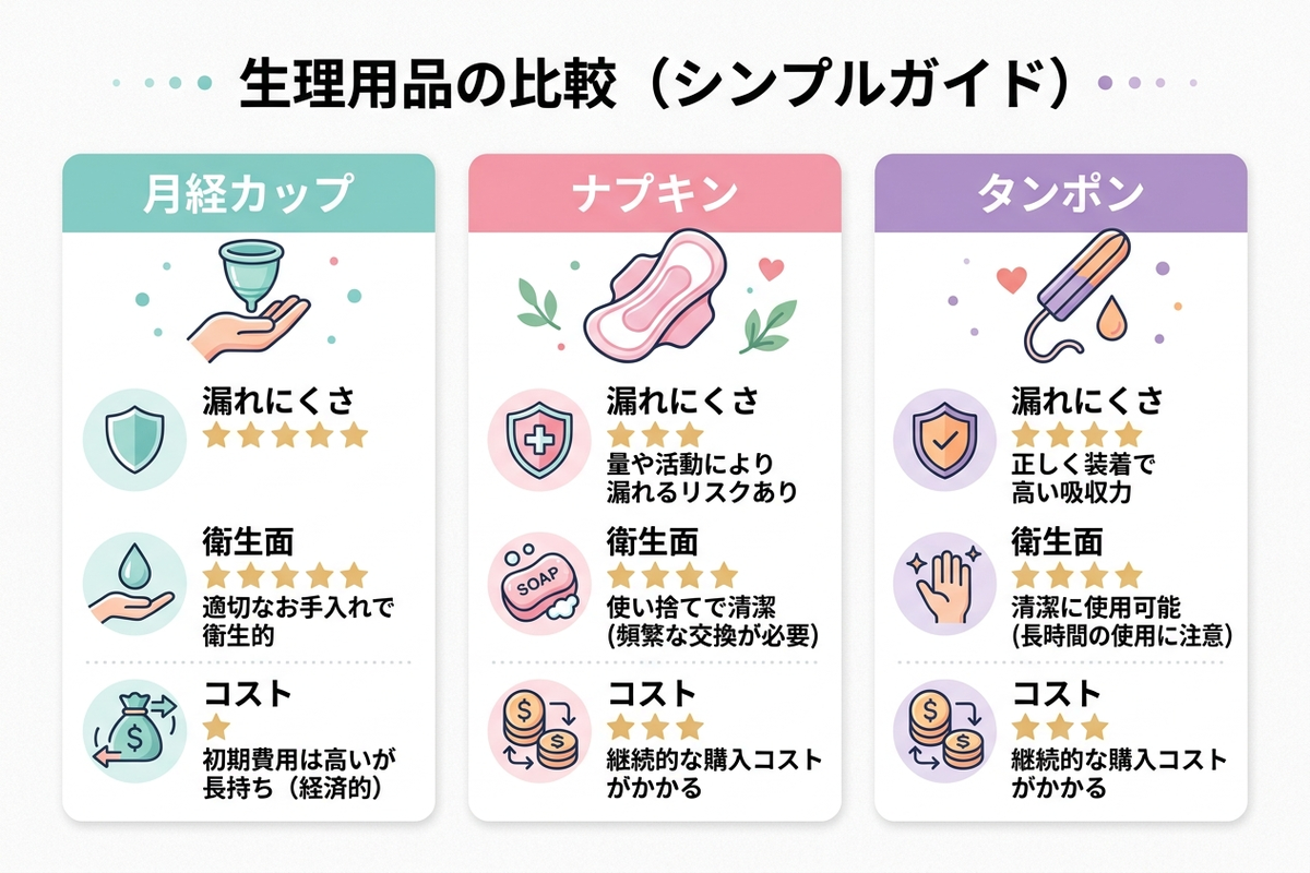 月経カップとナプキン・タンポンの漏れやすさを比較したイラスト