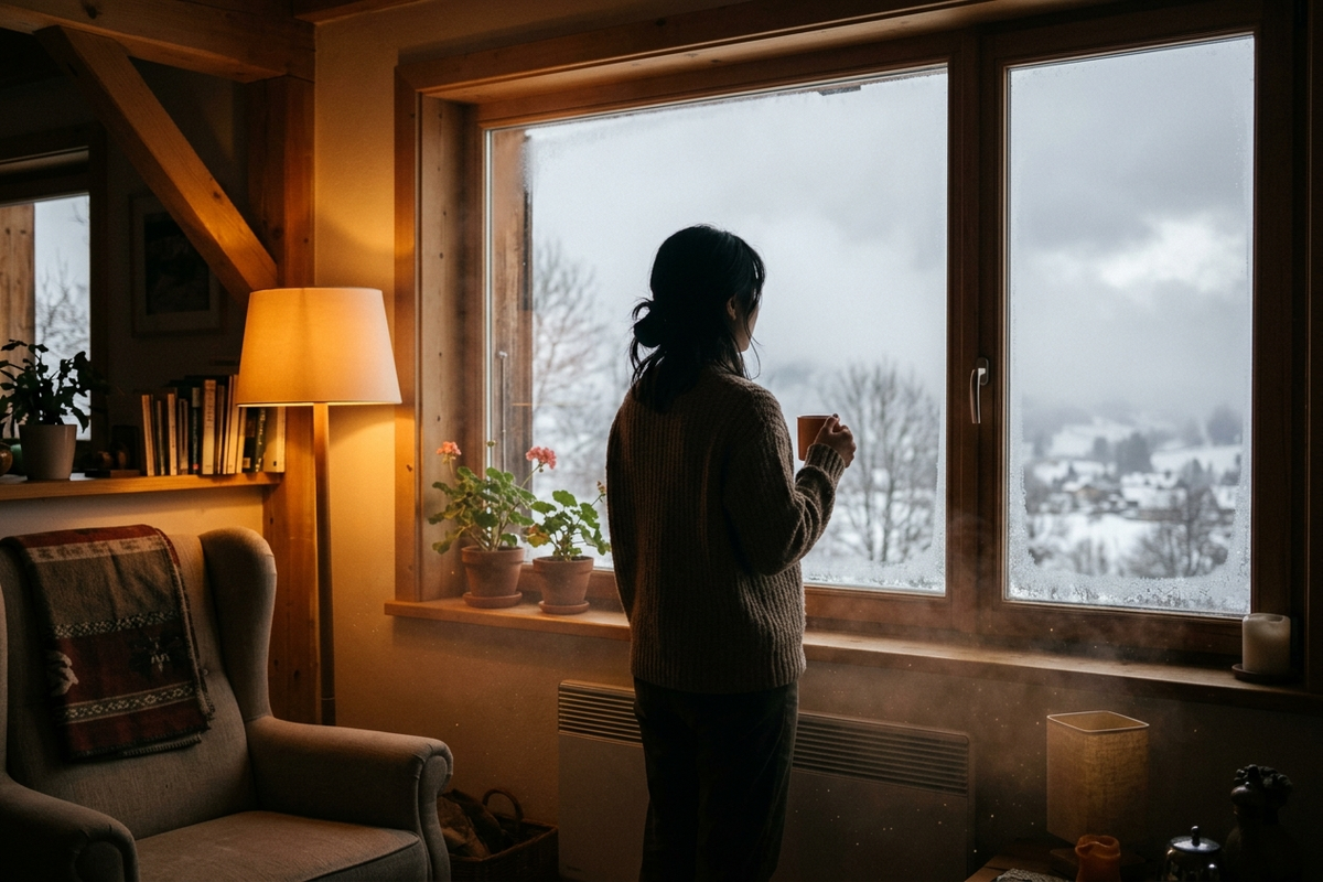 暖房の効いた部屋で窓の外の冬景色を眺める女性