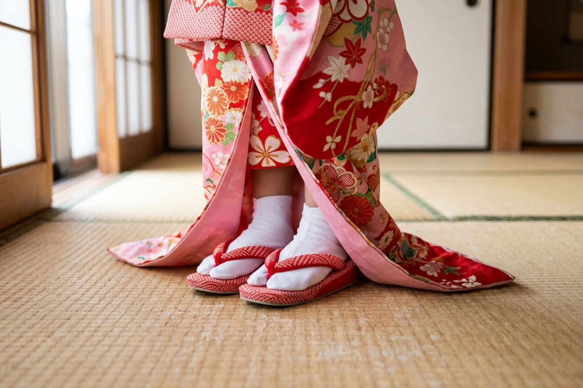 七五三の着物姿の子どもの足元、白足袋と草履