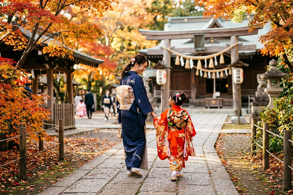 秋の神社を歩く七五三姿の親子