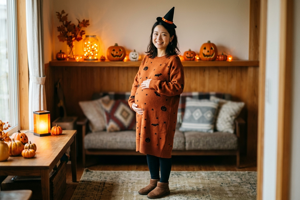 かぼちゃ柄のマタニティワンピースに三角帽子を合わせた軽装のハロウィンコーディネート