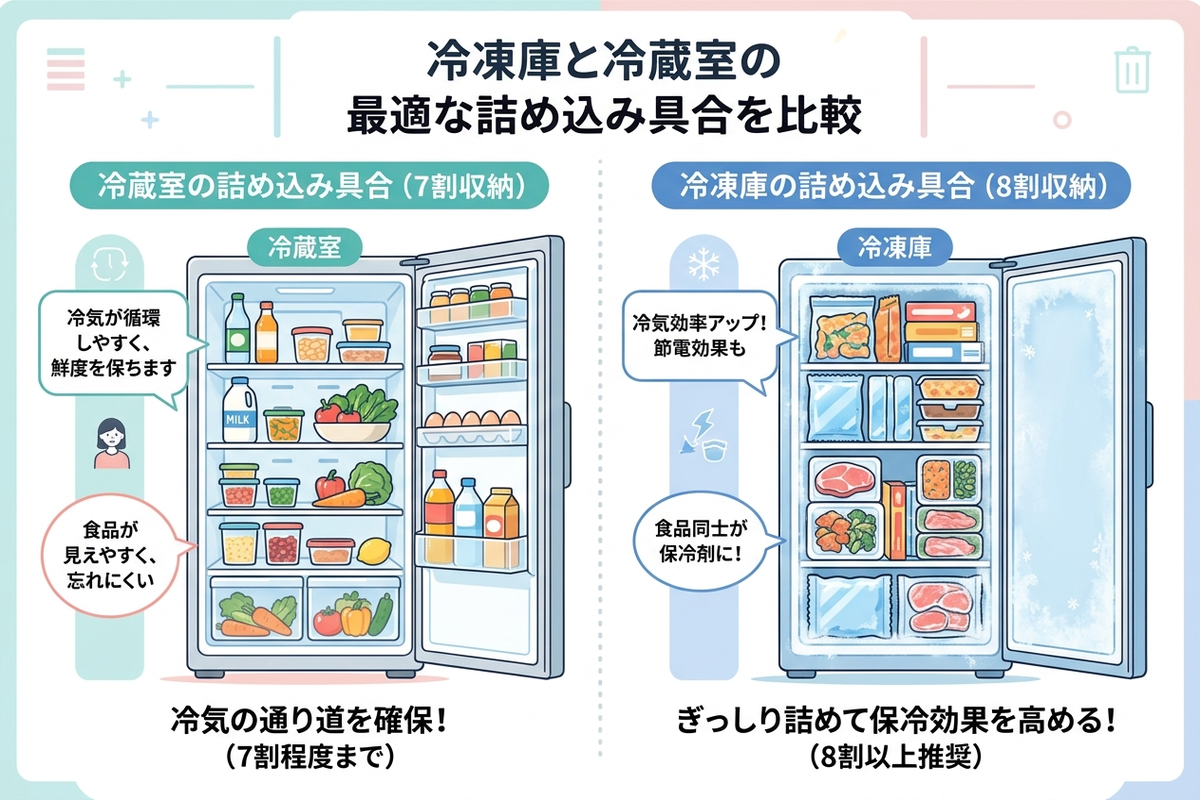 冷凍庫の詰め込み具合を示す比較イラスト