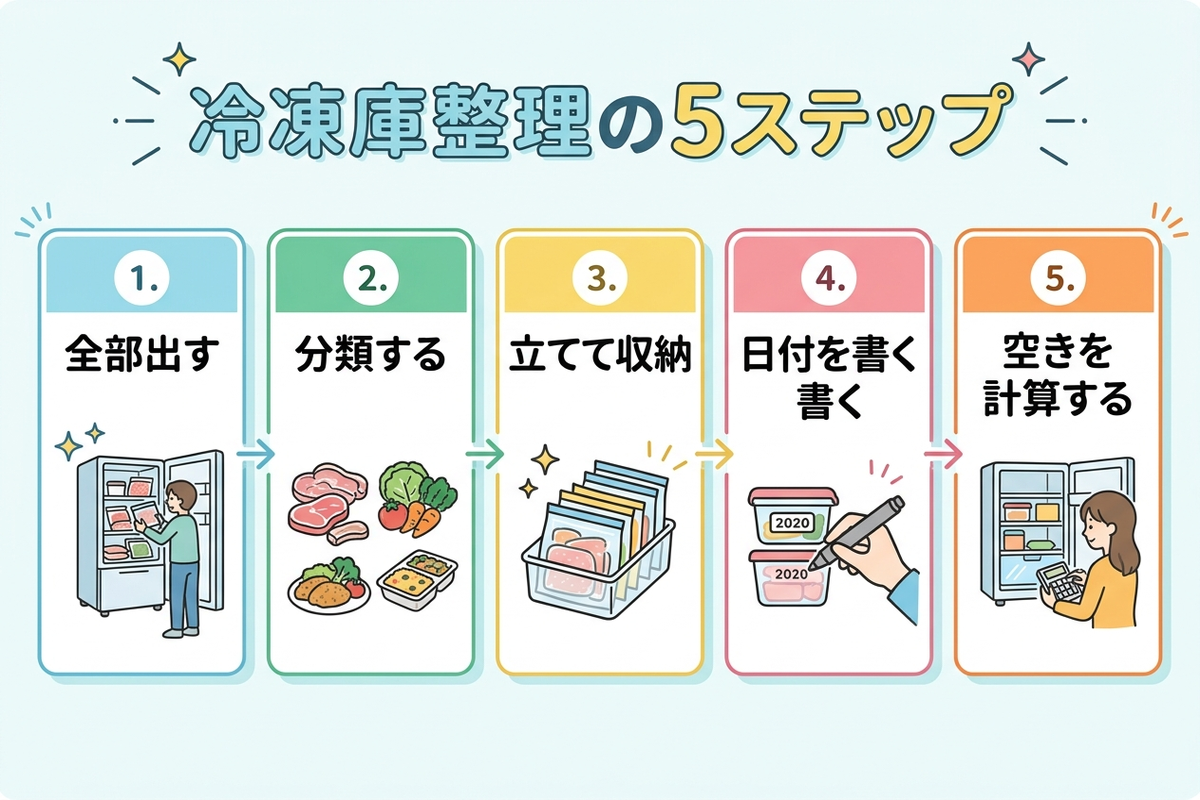 冷凍庫整理の5ステップを示す図解