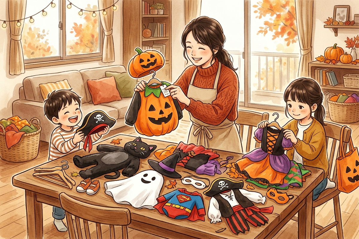 ハロウィン衣装を広げて選ぶ母親