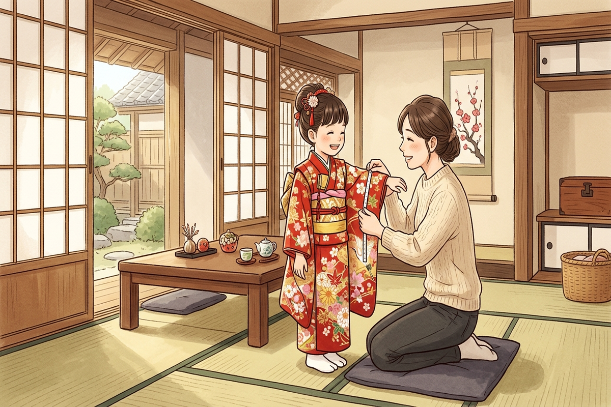 七五三の着物を子供に合わせる母親