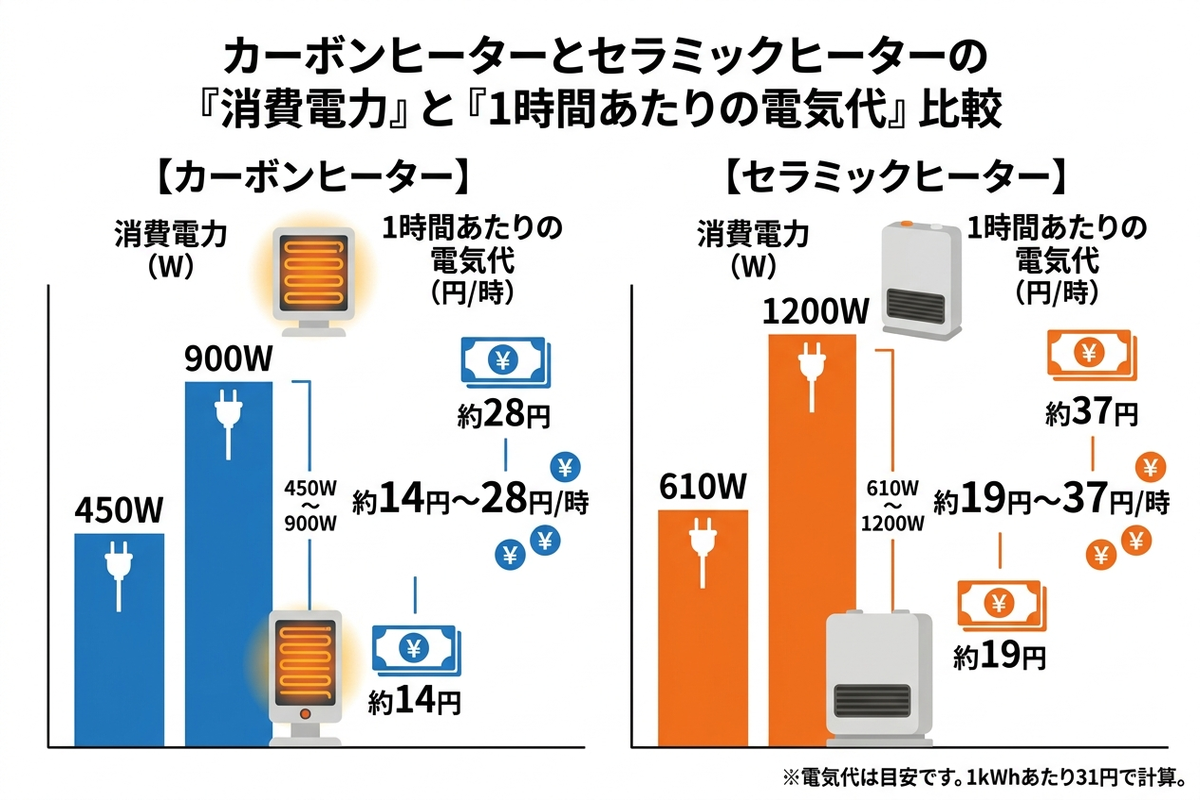カーボンヒーターとセラミックヒーターの消費電力と電気代を比較する図