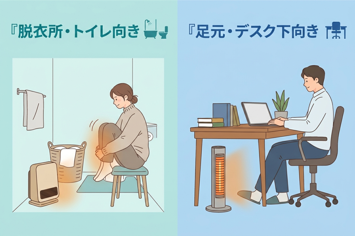 脱衣所と足元それぞれに合う暖房器具のイメージ