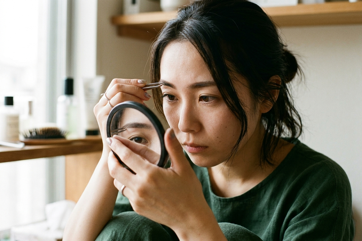 毛抜きで眉を一本ずつ整える手元