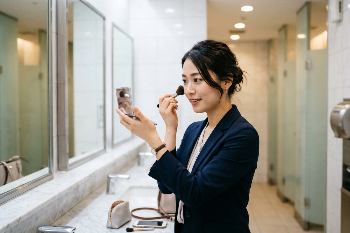 コンパクトミラーを見ながら手早く化粧直しをする様子