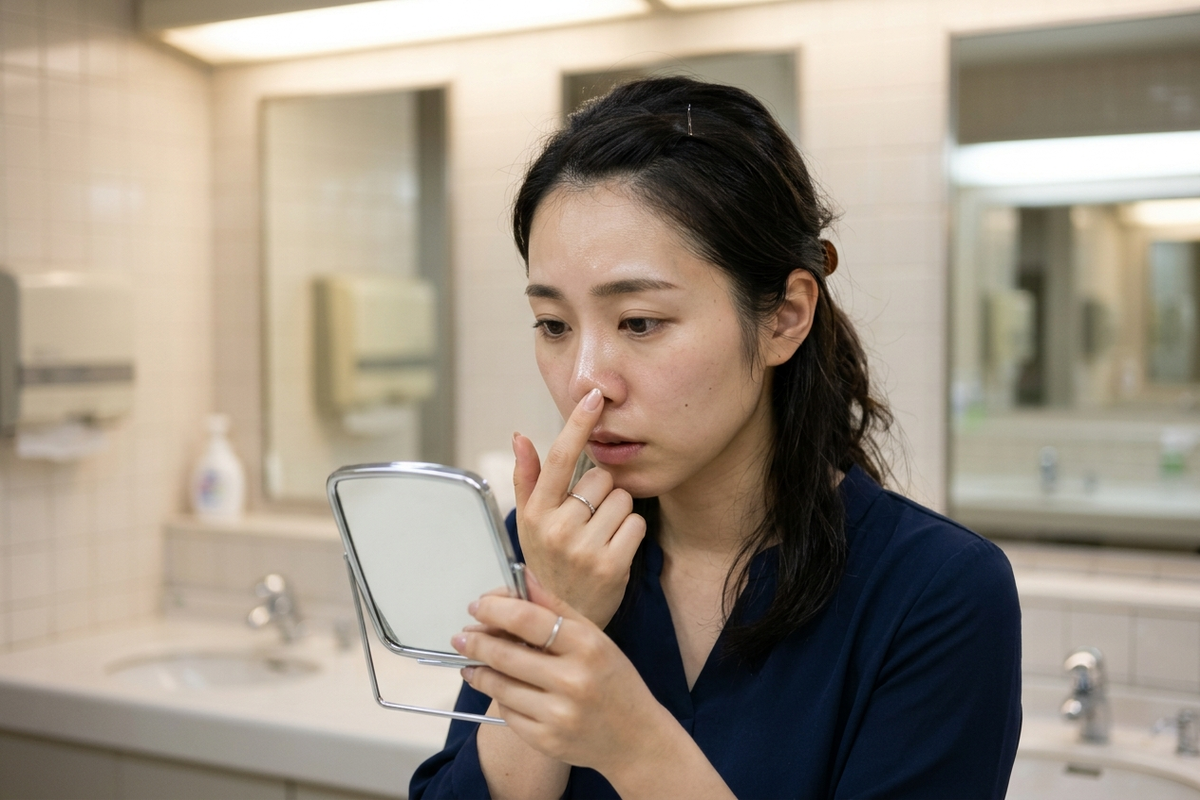 皮脂が気になるTゾーン部分を指で軽く押さえる様子