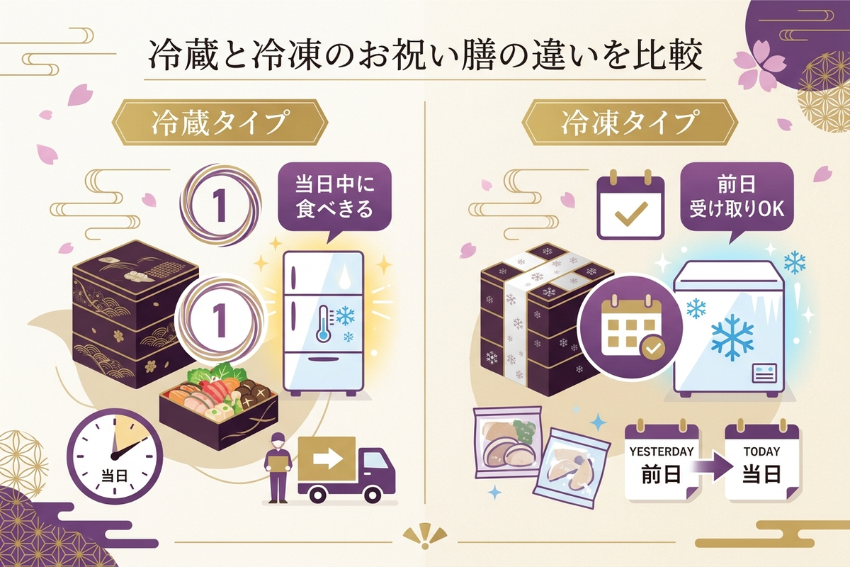 冷蔵タイプと冷凍タイプのお祝い膳の受け取りタイミングを比較するインフォグラフィック