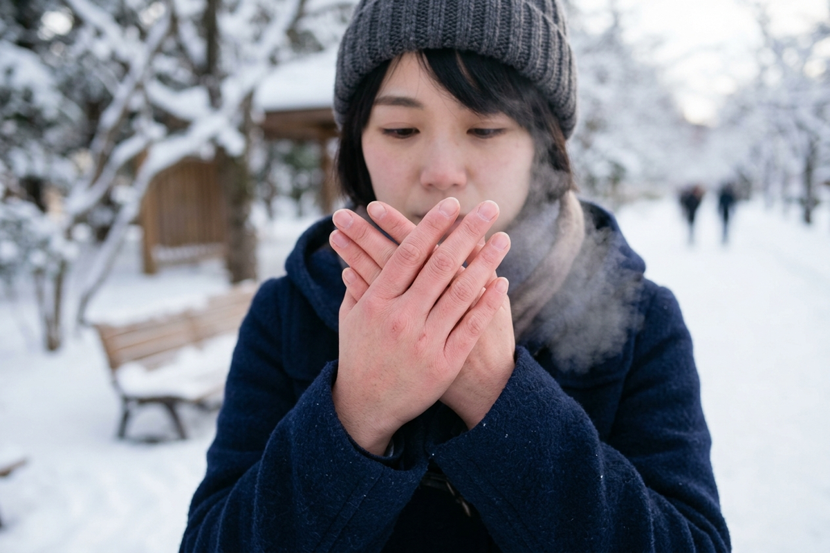 手袋を外して両手をこすり合わせる女性の手元