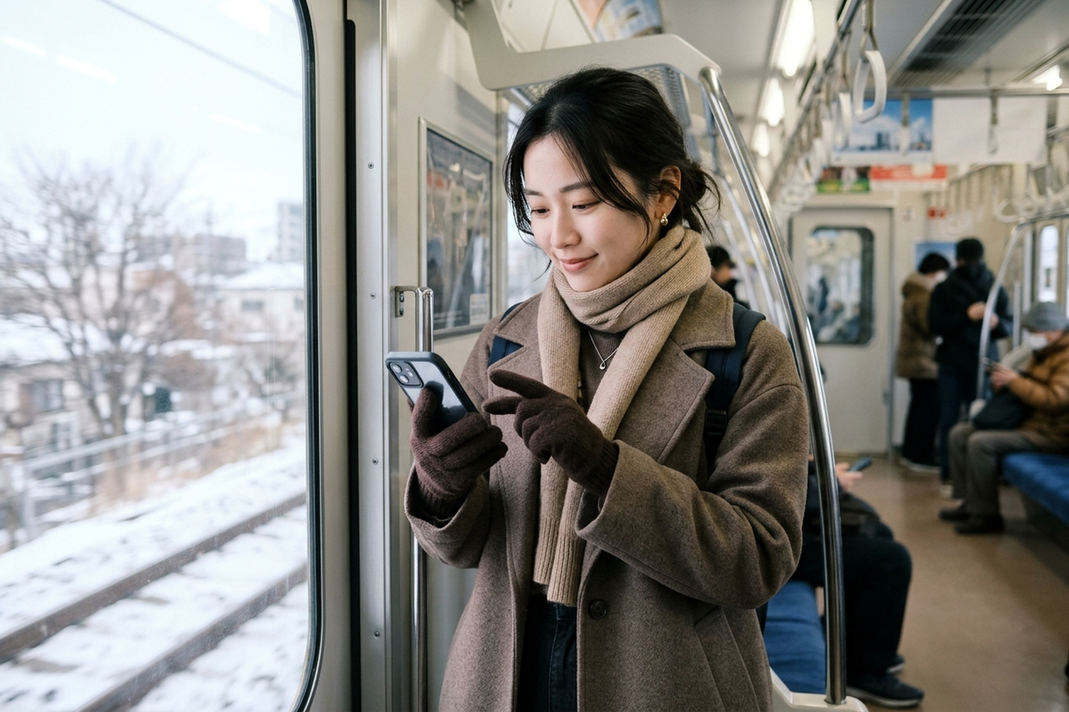 冬の通勤風景で手袋をした手でスマートフォンの画面をタップする様子
