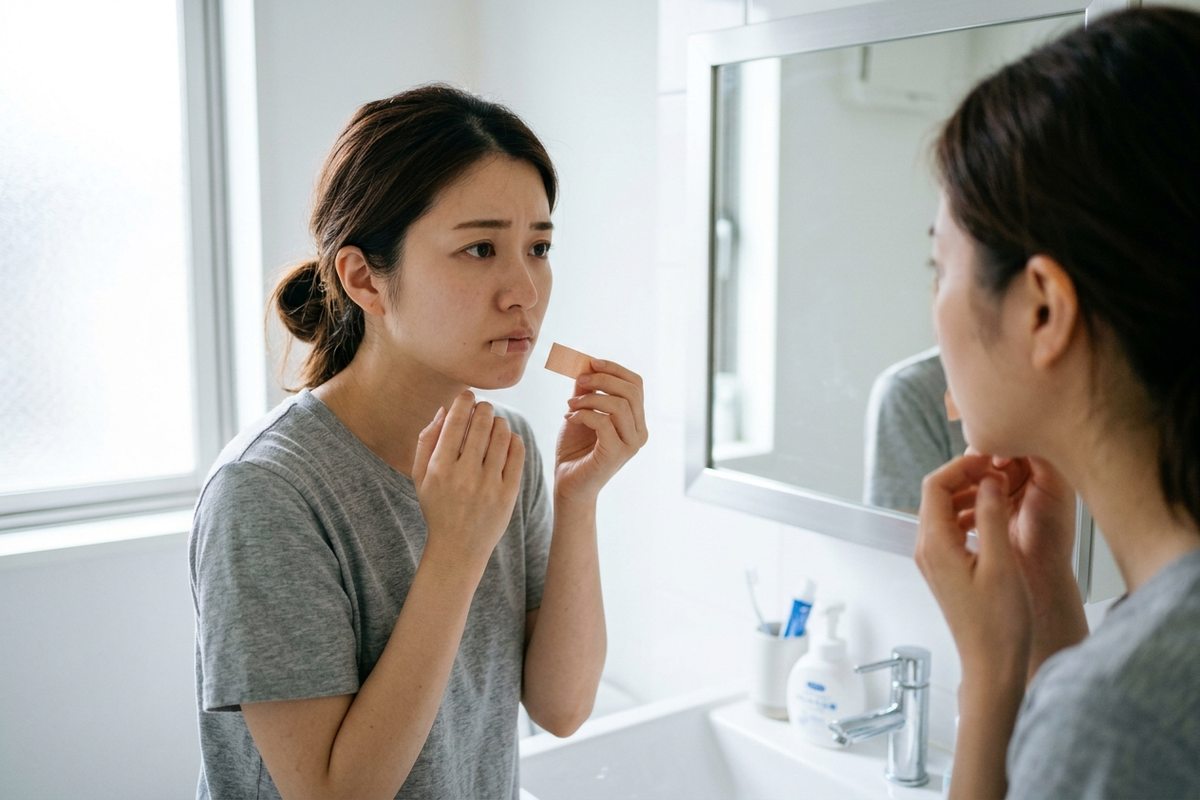 口元にテープを貼ろうか迷い、鏡の前で不安げな表情を浮かべる女性