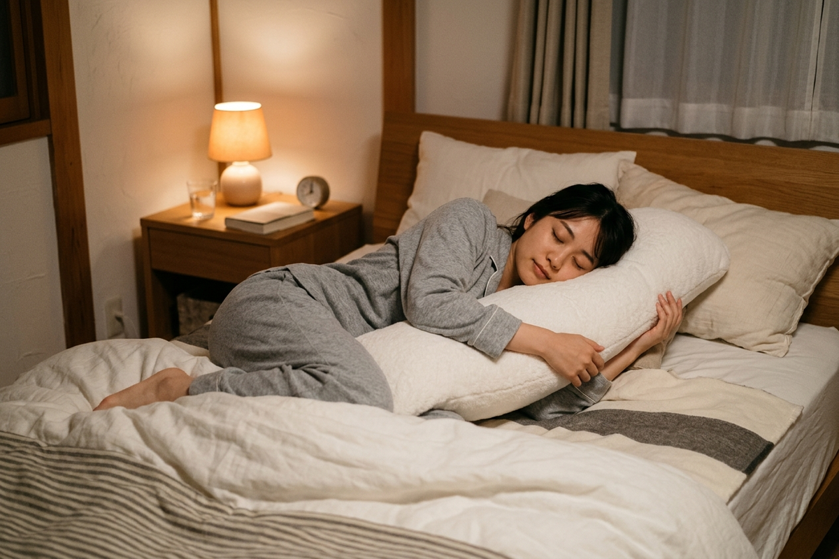 横向きで専用の枕を抱えるようにして眠る女性の寝室の様子