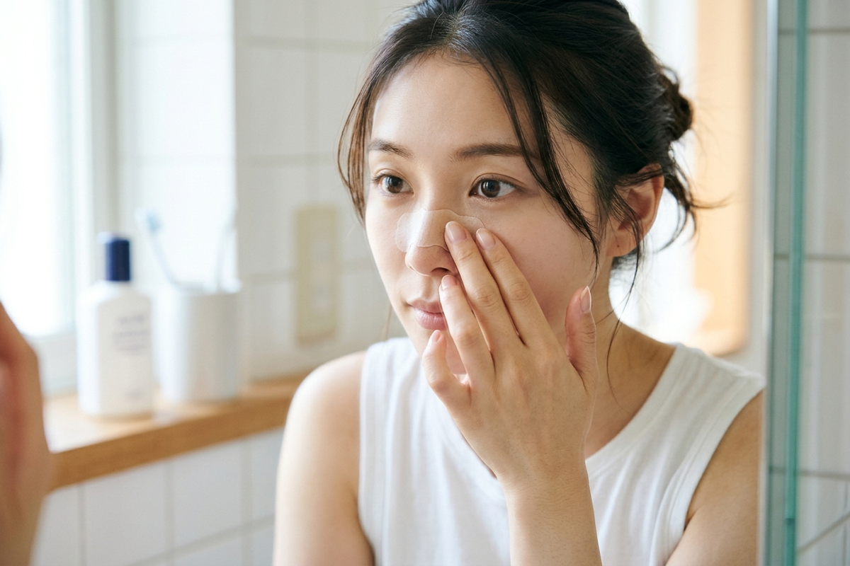鼻にテープを貼って眠る準備をする女性の手元のクローズアップ