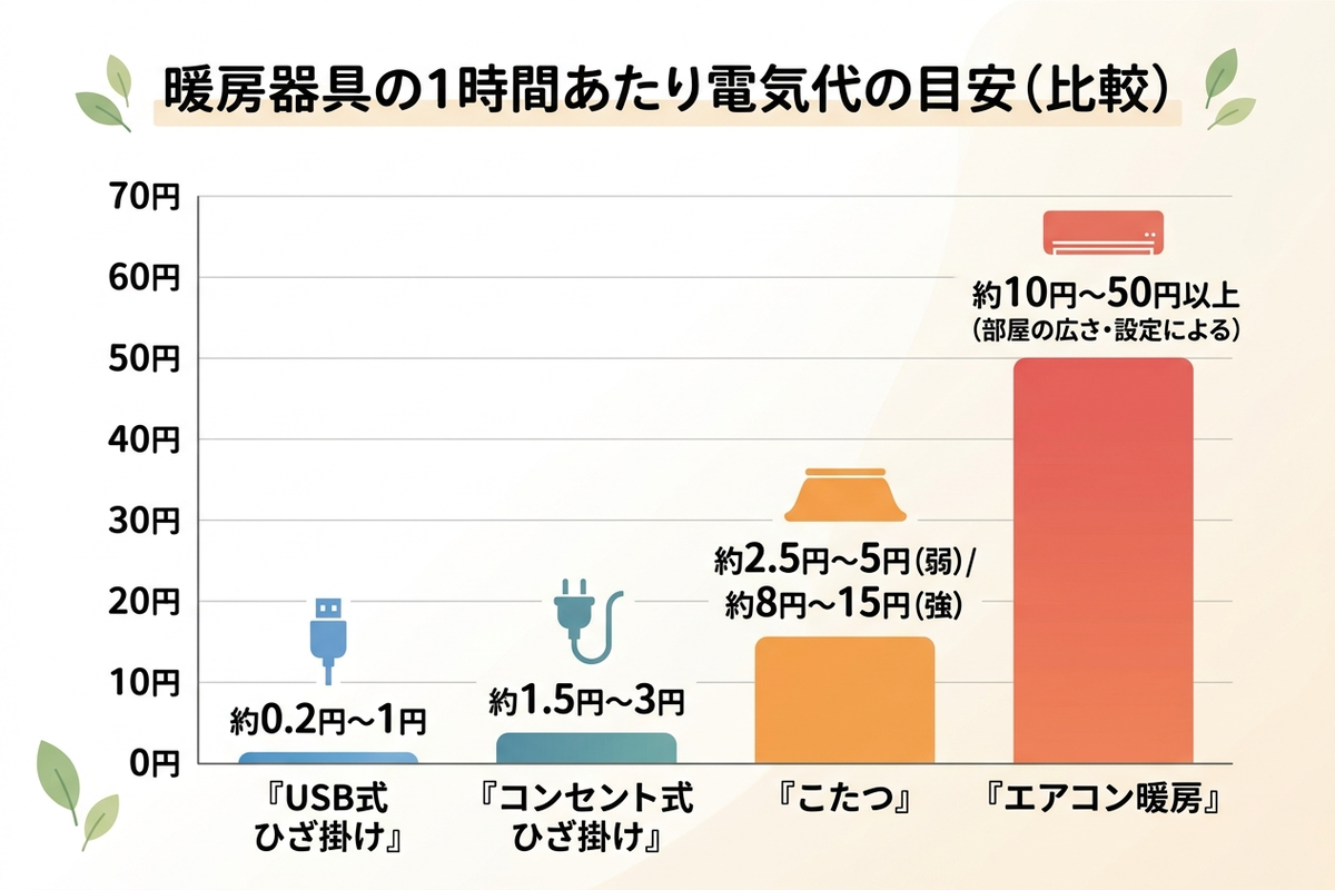 暖房器具ごとの1時間あたり電気代を比較したグラフ