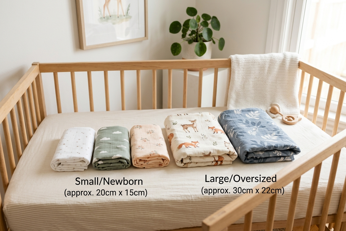 サイズの異なる複数のおくるみを並べて比較する様子
