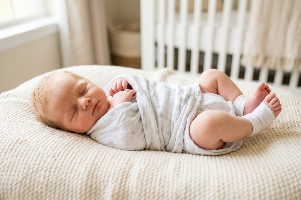 脚をM字に開いた自然な姿勢で眠る新生児