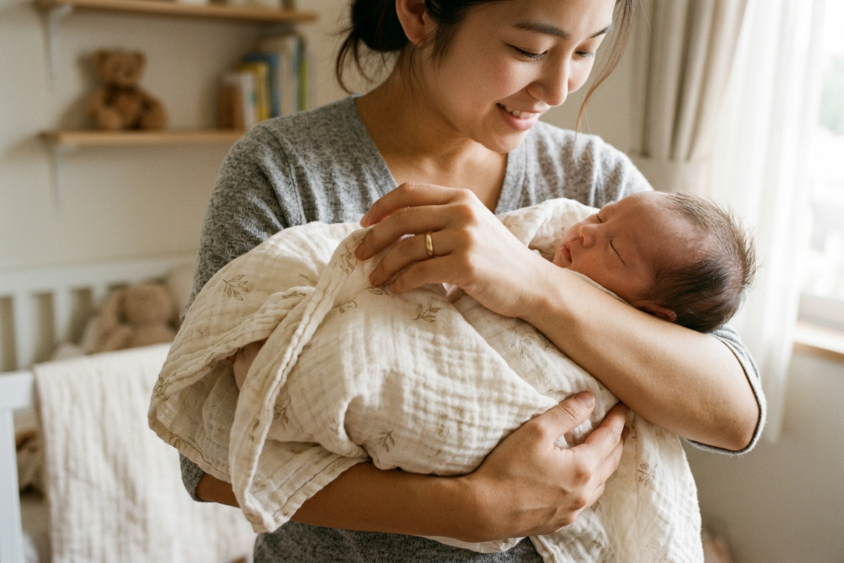 大判サイズのおくるみで赤ちゃんを包む様子