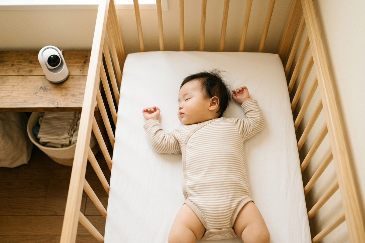 硬めのマットレスで仰向けに眠る赤ちゃんと見守りカメラ