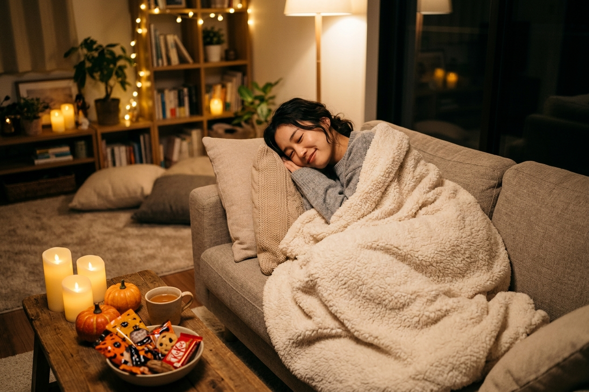 アラサー単身女性の「ハロウィン在宅ひとり映画会」準備｜お菓子・照明・毛布で秋夜を楽しむ工夫【2026年版】