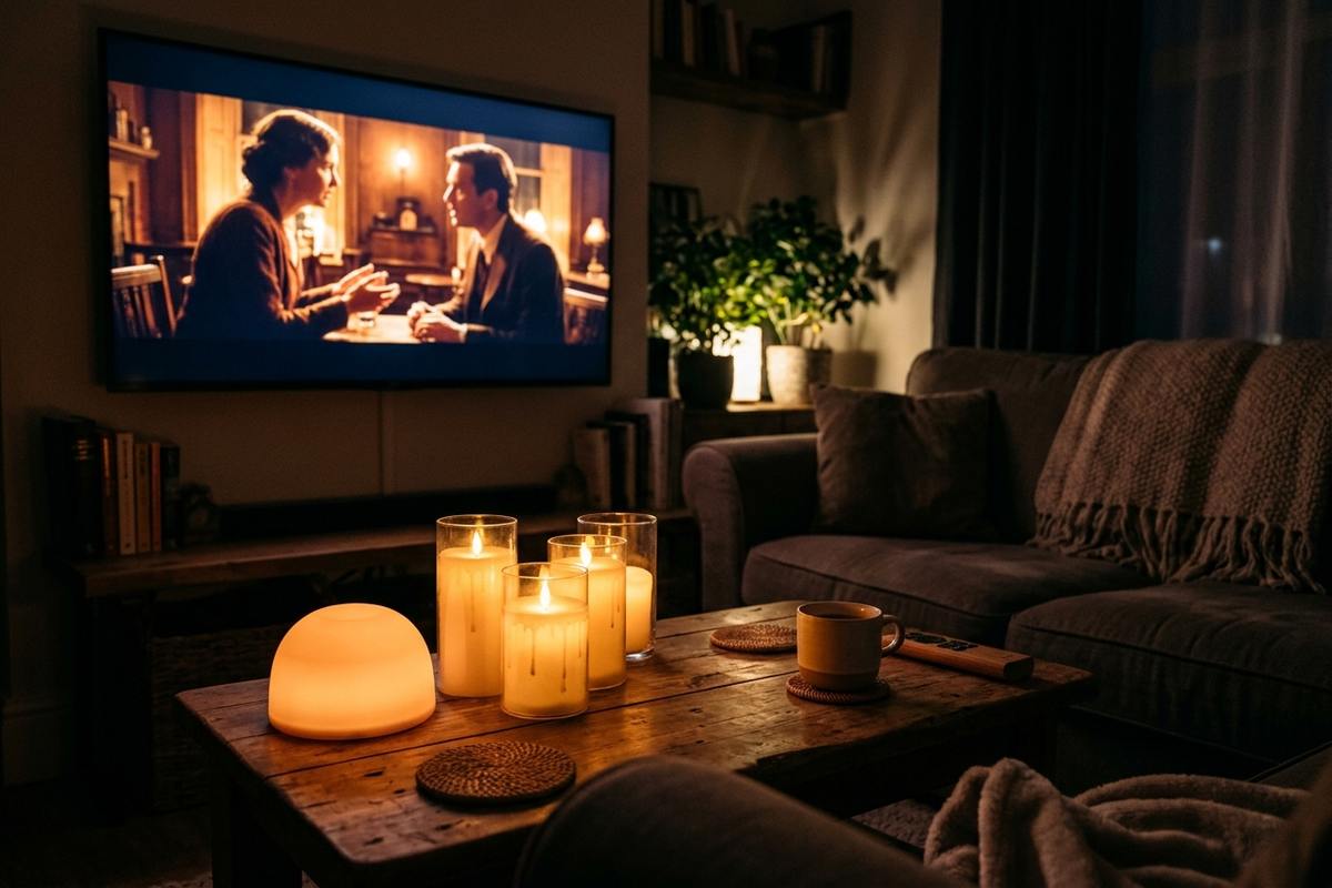 LEDキャンドルとムードランプで照らされたリビング